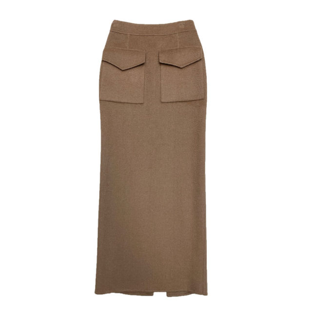 Slim MM2024 autumn and winter new product pure cashmere double-sided hunting pocket one-step skirt temperament pure handmade midi skirt