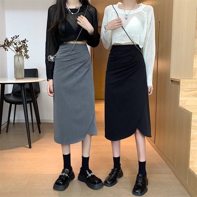Large size irregular fold split skirt mid -length high -waisted commute bag hip skirt A -line long skirt fat mm summer
