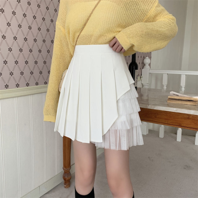Mesh lace spliced ​​pleated skirt for women in spring and autumn summer large size irregular niche skirt high waist slim short skirt