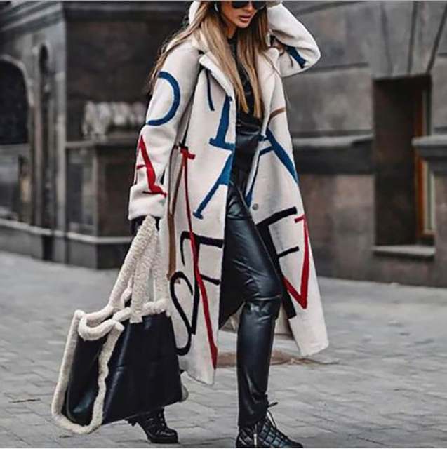 New autumn large-size women's clothing European and American style casual loose slim printed windbreaker lapel woolen coat coat
