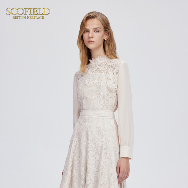 Scofield women's semi-turtleneck intellectual elegant dignified hollow lace spliced ​​shirt temperament top autumn