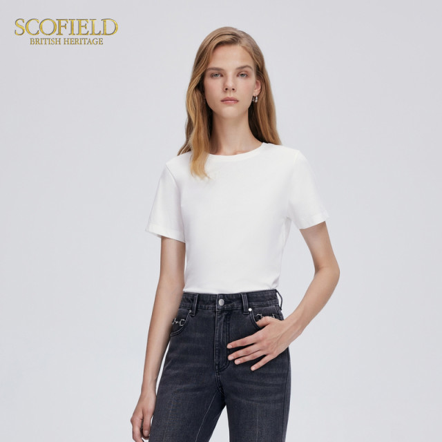 Scofield women's simple round neck short-sleeved T-shirt white loose commuting top summer short-sleeved T-shirt