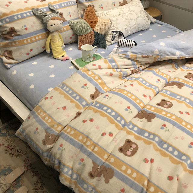 INS Winter Milk Velvet Small Fresh Girls Love Bear Beds Four -piece double -sided coral velvet 1.5m1.8 meters
