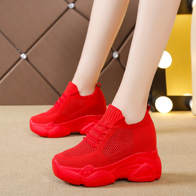 Dad's shoes women's inner heightening ins trendy mesh summer breathable thick-soled sports mesh shoes for women 8cm versatile shallow mouth lace-up