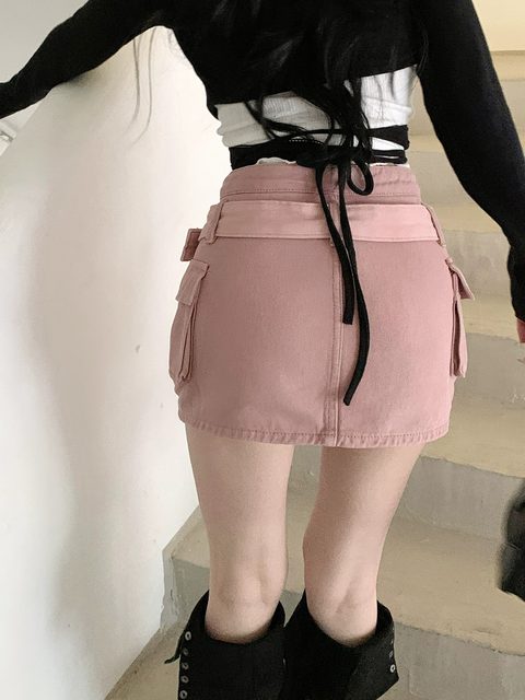 American retro pink denim skirt pants for women in summer new pocket design to make girls look slim and hottie work skirt