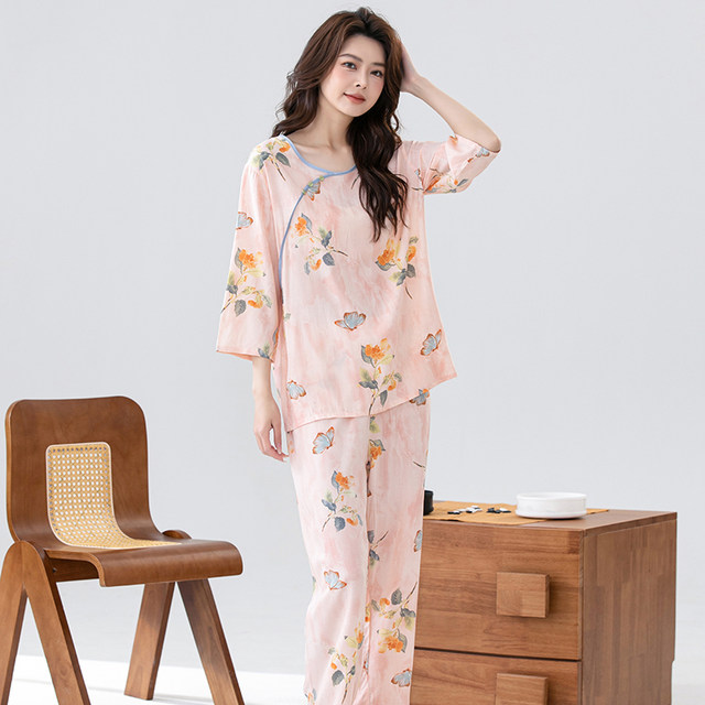 
Chinese style cotton silk pajamas for women in spring and autumn long-sleeved artificial cotton home clothes cotton silk suit summer thin large size Chinese style outside wear