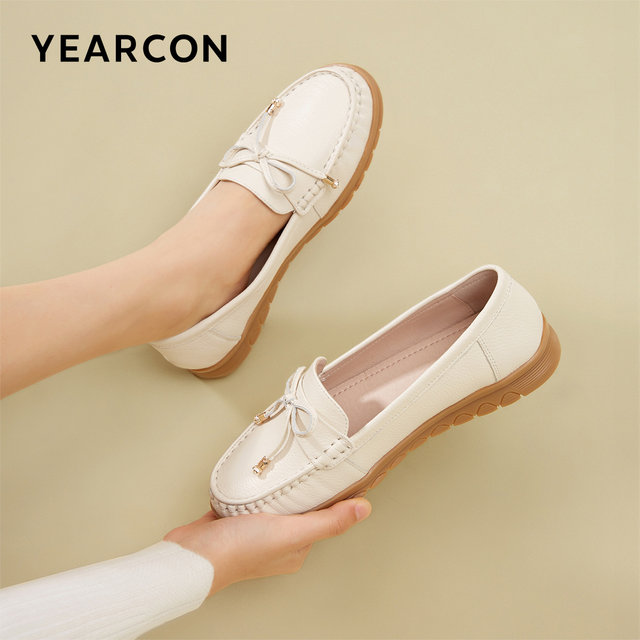 Yierkang women's shoes spring and autumn genuine leather loafer shoes flat casual nurse shoes middle-aged and elderly mothers shoes bean doodle shoes soft bottom