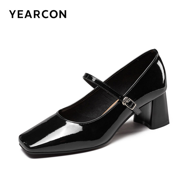 Yierkang women's shoes for spring and autumn patent leather casual thick heel single shoes for women's square toe Mary Zhen shoes high heel leather shoes