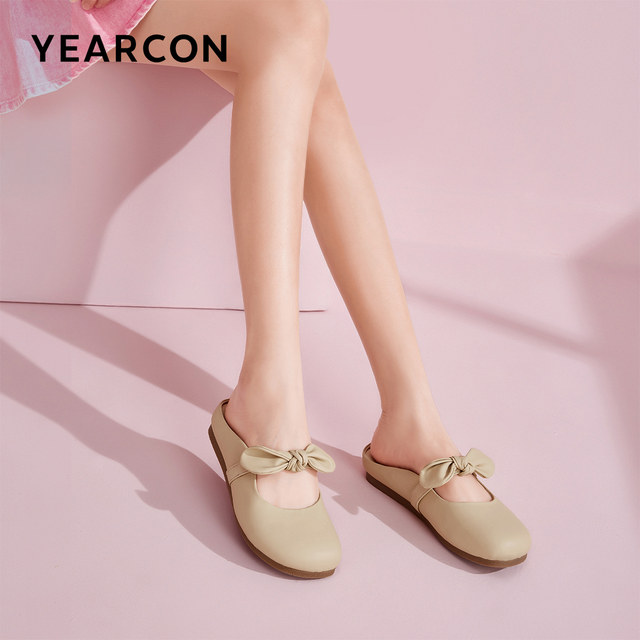 Yierkang women's shoes spring and summer genuine leather half-slippers flat mules lazy sandals wear bow shoes