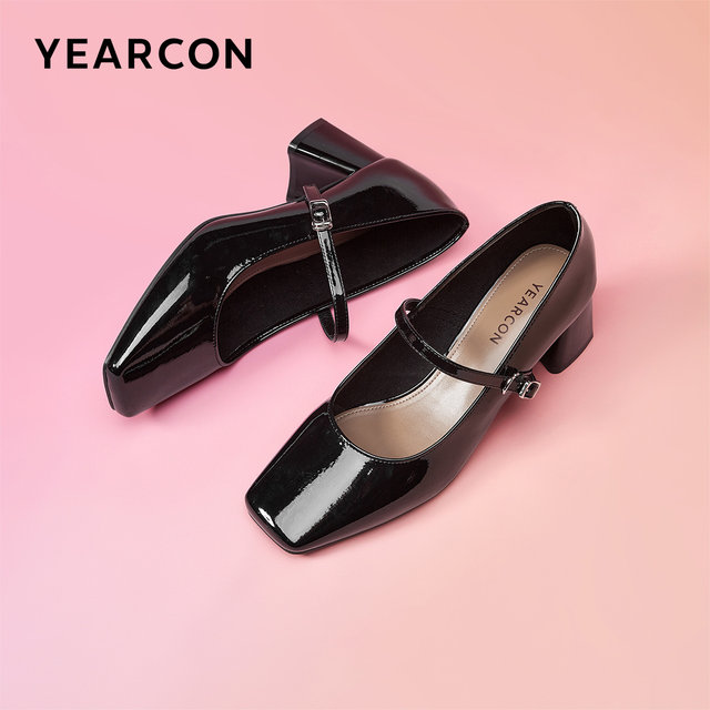 Yierkang women's shoes for spring and autumn patent leather casual thick heel single shoes for women's square toe Mary Zhen shoes high heel leather shoes