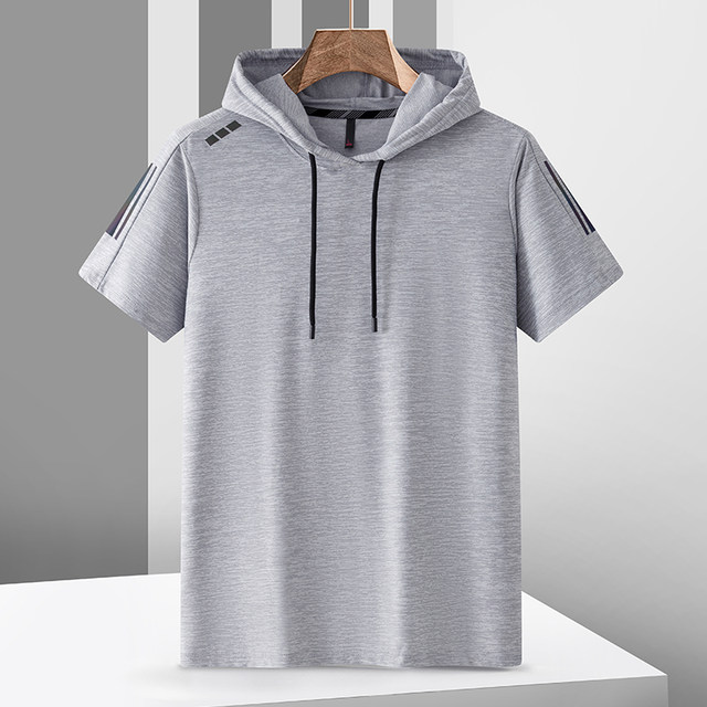 Ice silk T-shirt men's short-sleeved hoodie summer thin trendy youth casual sports half-sleeved sweatshirt trendy brand breathable