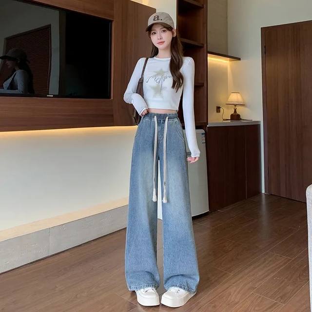 Spring and Autumn style high waist wide-leg floor trousers for women, slim and versatile Korean style student elastic waist drawstring jeans large size
