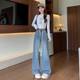Spring and Autumn style high waist wide-leg floor trousers for women, slim and versatile Korean style student elastic waist drawstring jeans large size
