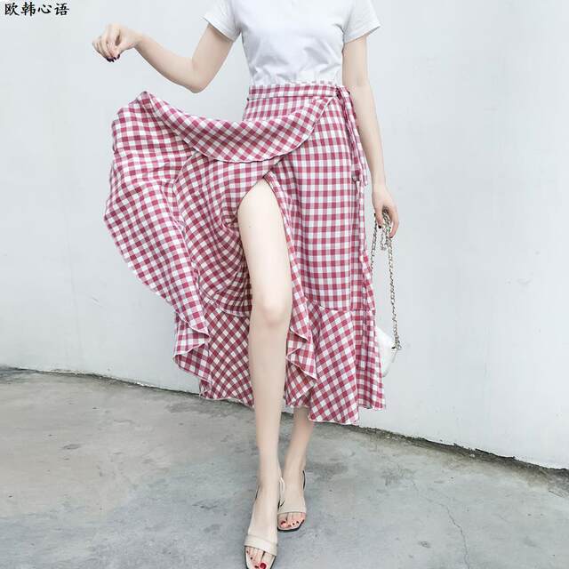 2023 Spring and Summer New Plaid Skirt Women's A-line One-Slice Lace-Wrapped Skirt Irregular Fishtail Mid-Long Skirt