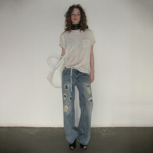 CLOUD WILD White Cloud Wild Border Lazy Casual Style Thin Line Top Half Sleeve Loose Pocket T-shirt Women

