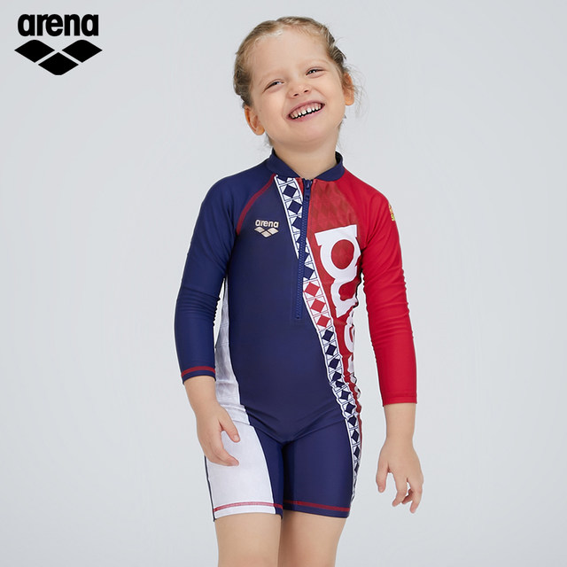 Arena Arena's new children's and adolescents' long-sleeved one-piece boxer sunscreen swimsuit for girls and boys.