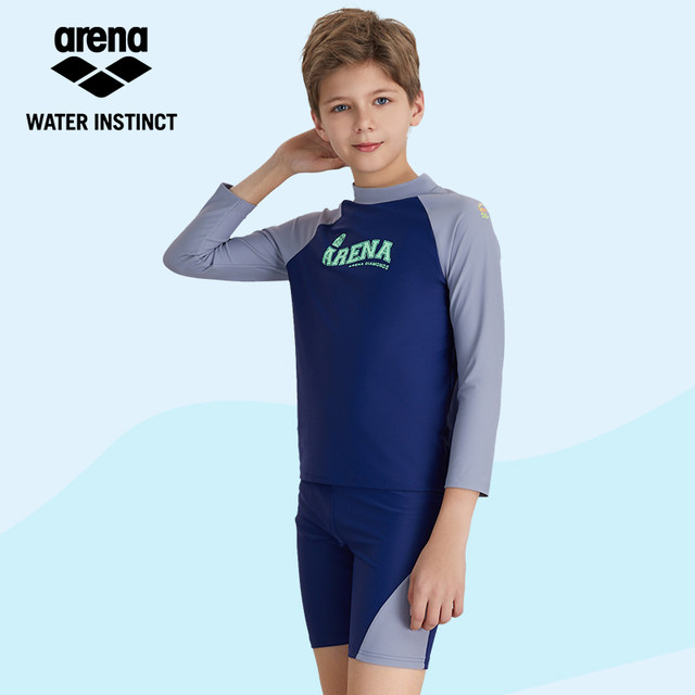 ARENA Arena's new children's long -sleeved printed sunscreen swimwear flat -angle swimming trunks men's set T

