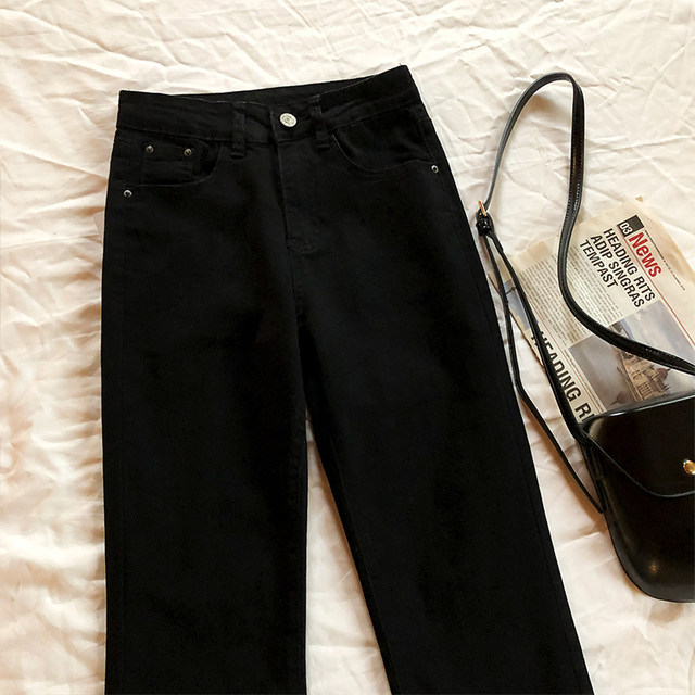 Black slightly flared stretch jeans for women in autumn and winter plus velvet for fat girls mm pear-shaped figure high waist slim straight trousers