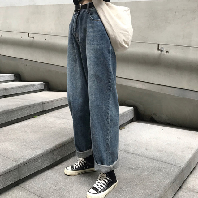 Large size straight jeans for women in autumn and winter for fat girls mm high waist loose slimming wide leg pants suitable for thick hips and thighs