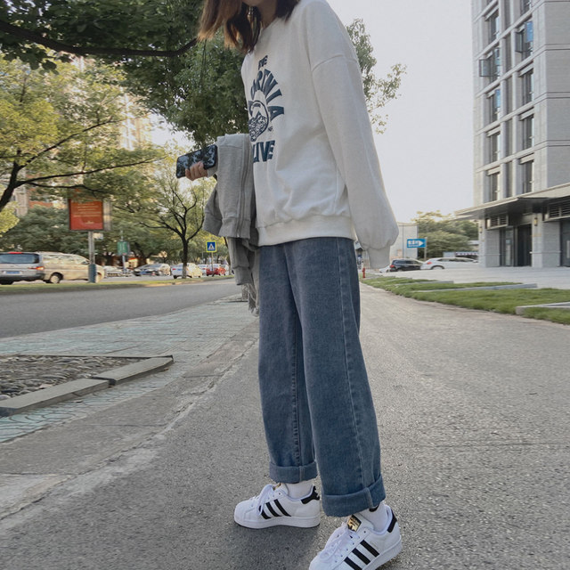 Large size straight jeans for women, autumn fat sister, mm high waist loose slim wide-leg pants, salt cool girl outfit slightly fat