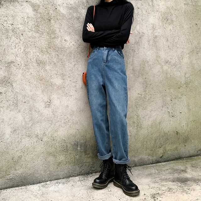 Pants suitable for pear-shaped figures, women's autumn and winter new style, fat girls, high-waisted, loose, slimming, straight-leg wide-leg jeans