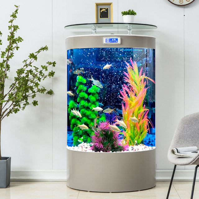 View of 2025 new smart semicircular living room home ecological glass goldfish ...