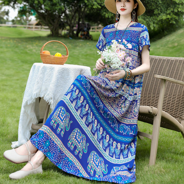 New summer pure cotton silk dress mother's temperament loose casual and fashionable middle-aged and elderly women's skirt