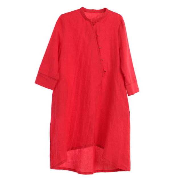 Xi Mo brand women's clothing 2024 spring and summer new sloping buckle Xiaoli collar pure ramie shirt skirt in the long hemp ingredient top
