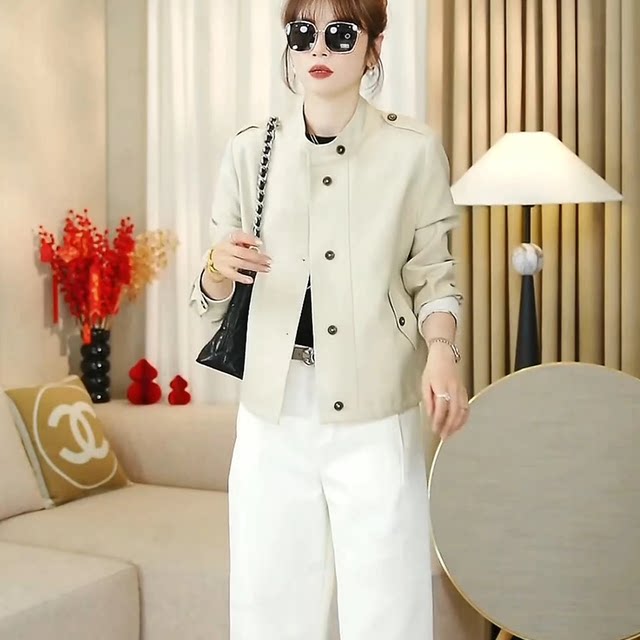 Jacket and Women's 2025 Spring New Design Drawstring Slimming and Versatile Small Stand Collar Short Trench Coat