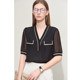 AMII2024 new summer French small incense, short -sleeved T -shirt light luxury V -neck real silk top female contrasting color