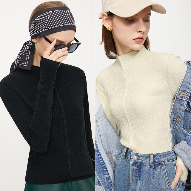 AMII semi -high -necked wool blending sweater 2024 autumn new slim top jacket cover finger texture sensory sweater
