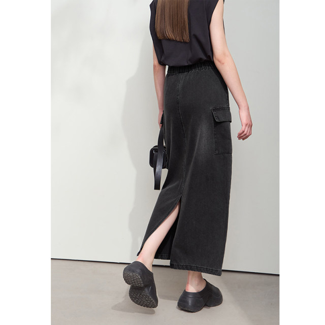 Amii2025 Spring New Style Casual Retro Workwear Style Denim Skirt Skirt Women's H-Slit Black Skirt
