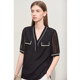 AMII2024 new summer French small incense, short -sleeved T -shirt light luxury V -neck real silk top female contrasting color