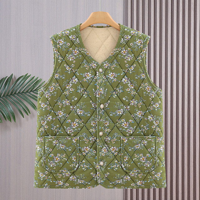 Mother's vest floral corduroy plus velvet thickened autumn and winter clothing middle-aged and elderly women's vest warm waistcoat