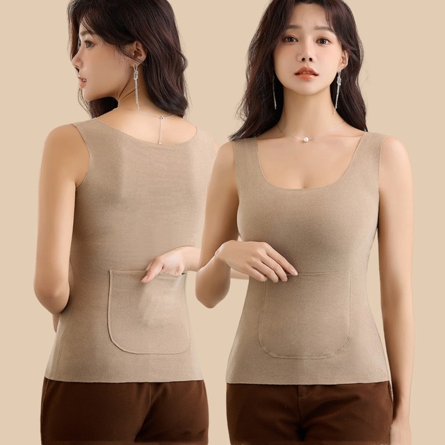 DeRong Warm and Coldproof Vest Women's Autumn and Winter Plus Velvet Thickened Internal Front and Front Double Pocket Bottoming Shirt Heated Seamless Top