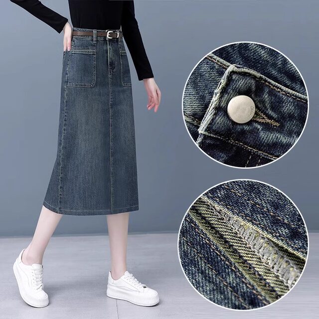 Cement grey casual denim half-length skirt for women in spring and autumn 2025 new high-waisted slimming hip-covering skirt
