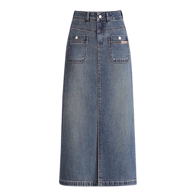 Denim skirt for women in spring and autumn 2025 new high waist slit one-step skirt retro mid-length A-line hip-pack skirt