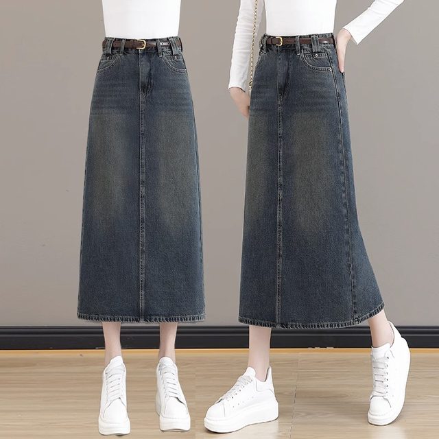 Retro denim long skirt for women spring and autumn 2025 new high-waist drape A-line skirt covering the crotch and slimming straight skirt