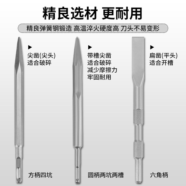 Electric hammer widened flat head chisel alloy impact drill bit super hard electric pick head hexagonal handle square handle round handle tip chisel