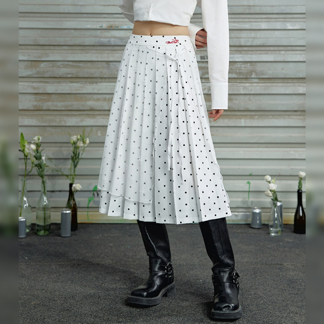 UNIFREE mesh spliced ​​polka dot Berkeley skirt ballet style asymmetric design mid-length pleated skirt
