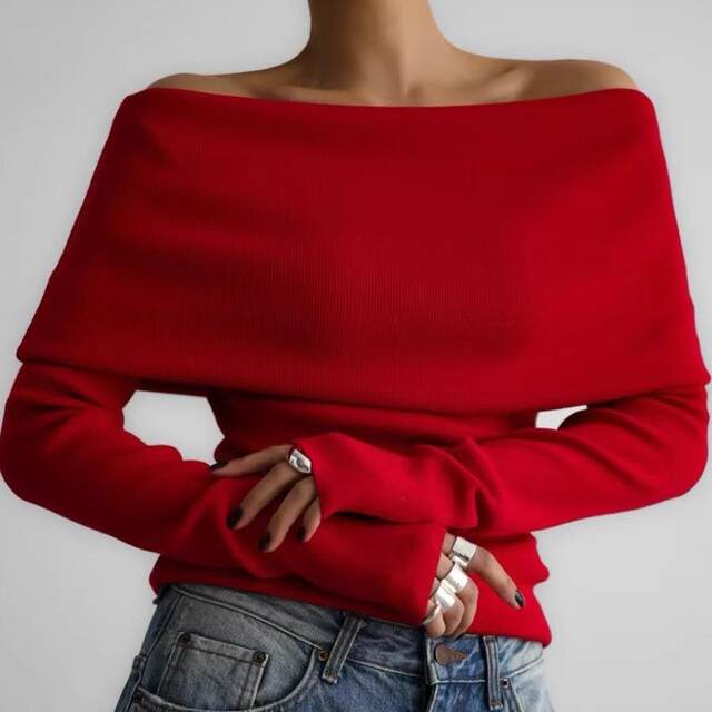 European and American style autumn and winter knitted base shirt sexy off-shoulder top Knitted off shoulder sweater