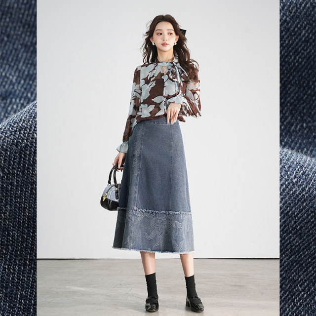 Bailuyu jacquard spliced ​​denim skirt 2025 spring new mid-length high-waisted slim Chinese style A-line skirt