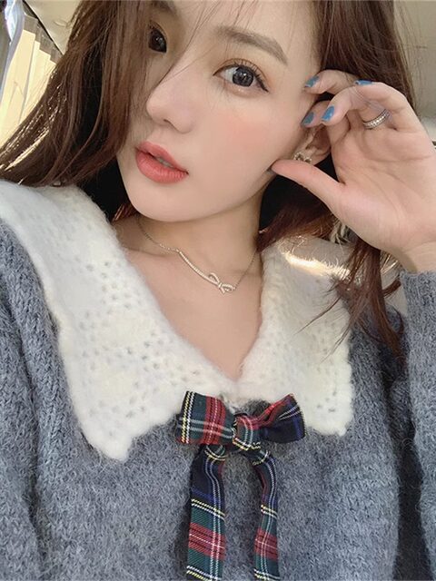 Doll collar pullover sweater for women, autumn and winter loose outer wear, Japanese style 2023 autumn wear, new lazy style knitted top