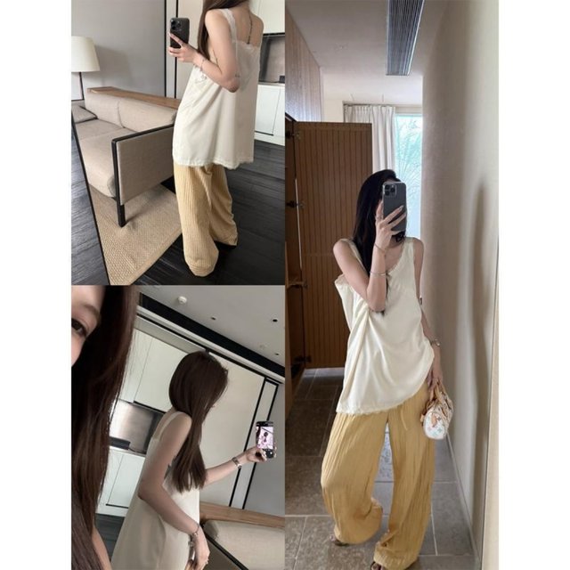 Fat MM design lace sleeveless V-neck suspender vest women 300Jin [Jin equals 0.5 kg] Large size loose meat covering simple versatile top