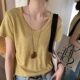 
La Chapelle green V-neck loose short-sleeved T-shirt for women 2025 summer new unique super good-looking base top