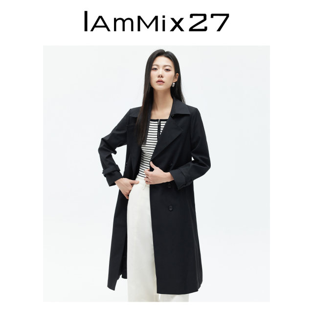 IAmMIX27 spring high-end windbreaker coat women's mid-length over-the-knee classic retro British style black coat
