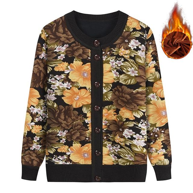 Spring and Autumn middle-aged and elderly grandma wear round neck velvet thickened sweater women's bottoming sweater sweater cardigan floral jacket