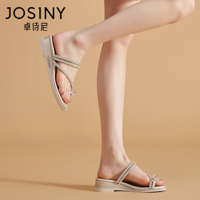 ZhuoSini wears sandals for one shoe and two wears women's 2025 summer wears rhinestone thick-soled sandals for half-mopping wedge clip toe