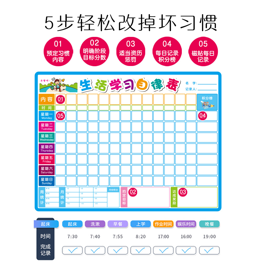 儿童成长自律表好习惯养成行为打卡计划表小学生记录时间管理作息板幼儿园宝宝积分奖励贴纸生活学习磁性墙贴 奇谈网