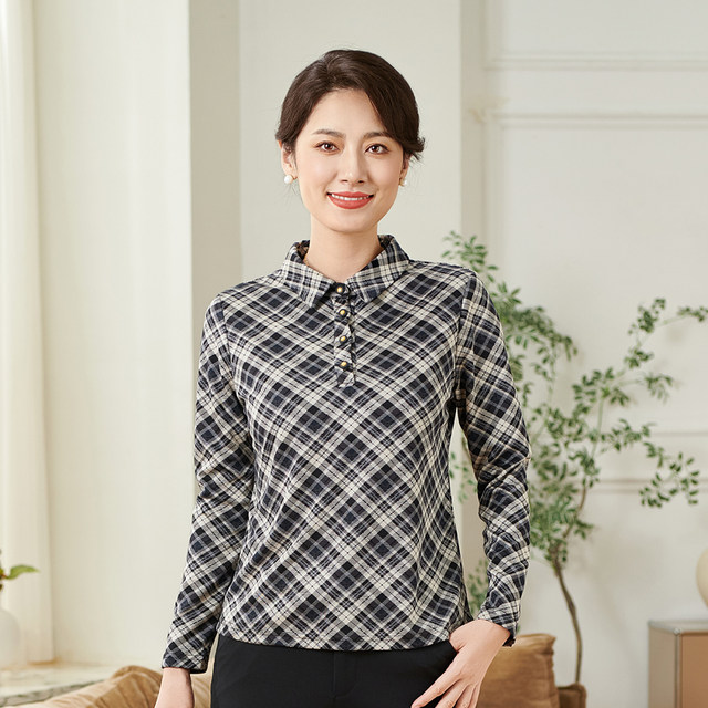 Xiangmulan 2025 middle-aged and elderly mother's clothing autumn tops middle-aged women's long-sleeved shirts large size plaid bottoming shirt
